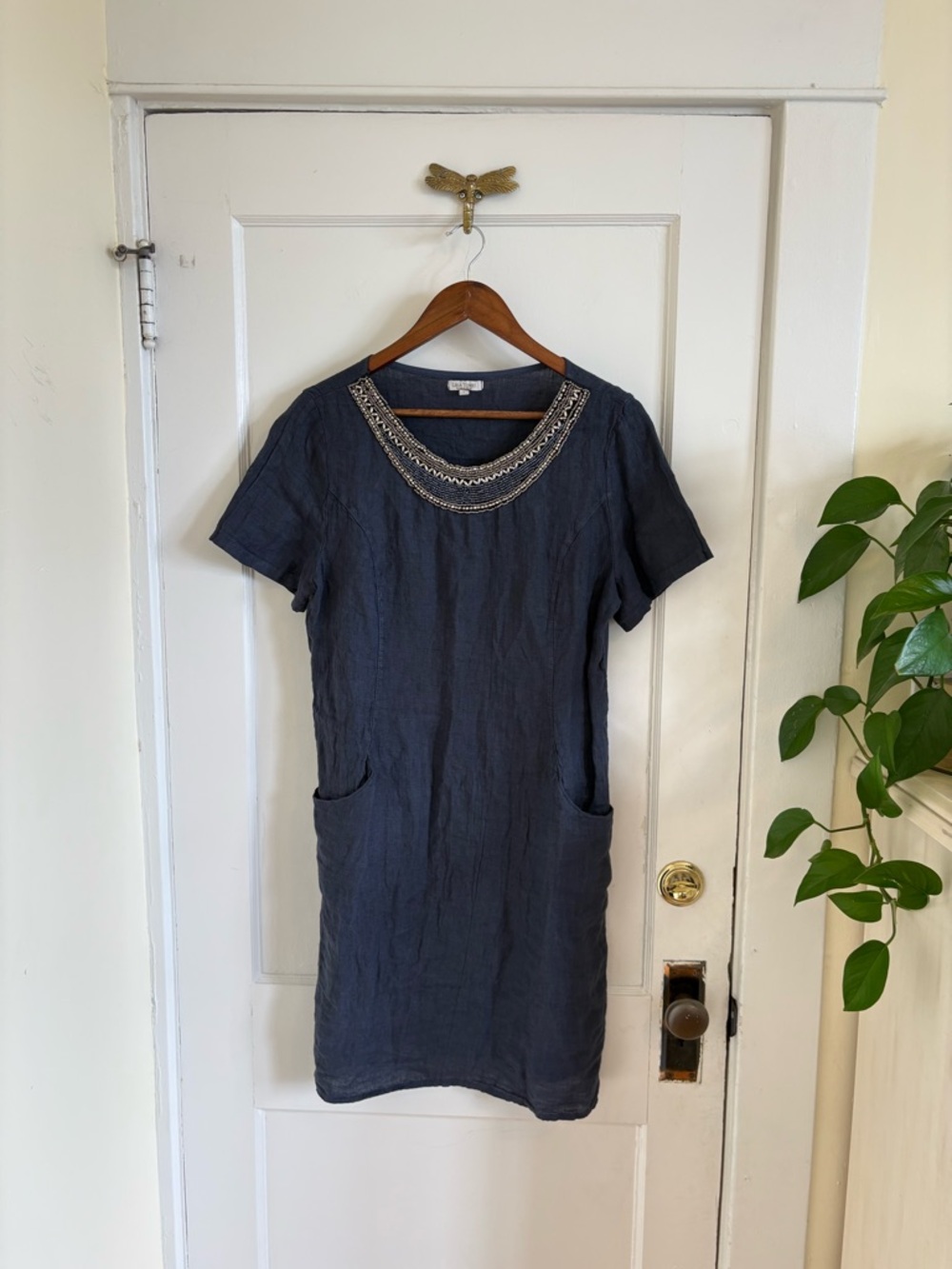 Lina Tomei Short Sleeve Navy Beaded Neck Linen Shift Dress Side Panels Pockets L